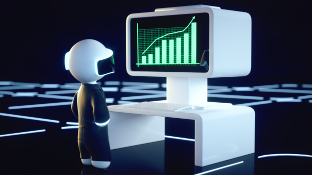 Minion next to computer showing green graph